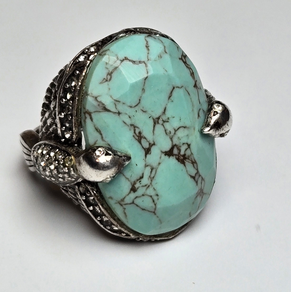 Fossil Chunky Statement Silver Tone Rhinestone Birds Turquoise Color Ring Sz 8